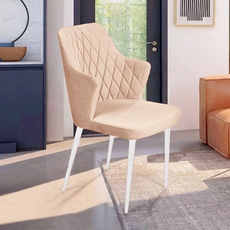 Стул с подлокотниками Hunt ромб, бархат бежевый 5 / белый конус изображение Стул с подлокотниками Hunt ромб, бархат бежевый 5 / белый конус фото