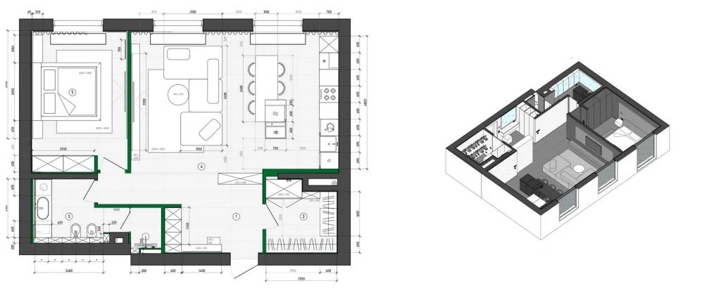 Планировка квартиры с мебелью Планировка квартиры с мебелью и зонирование диваном