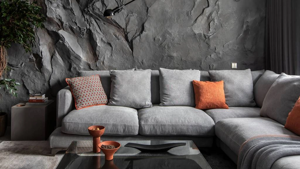 Диван Oscar рогожка в темном интерьере комнаты Диван Oscar рогожка в темном интерьере комнаты