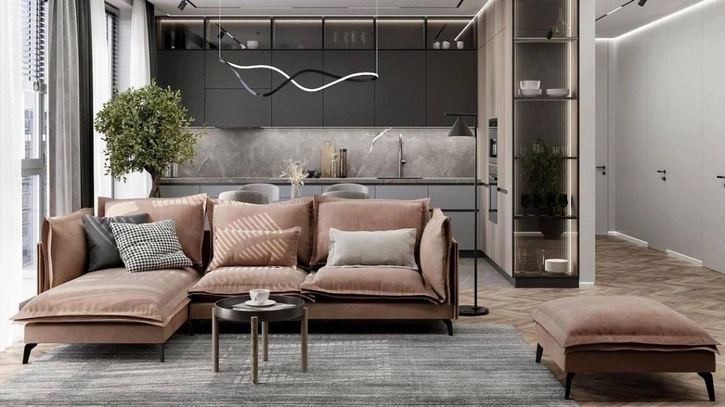 Зонирование кухни и гостиной диваном Зонирование кухни и гостиной диваном