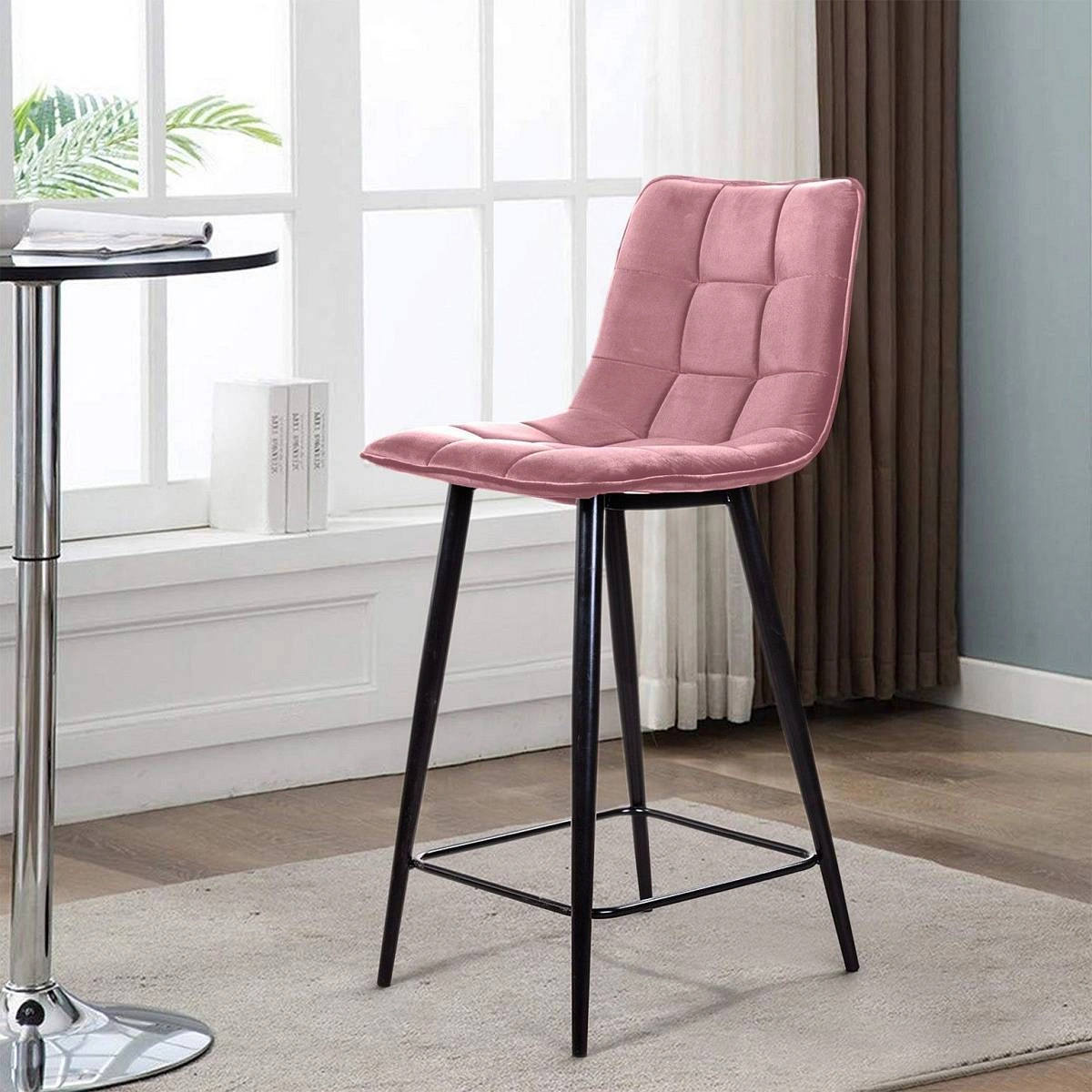 Стул полубарный UNO, бархат пудровый 15 / чёрный конус изображение Стул полубарный UNO, бархат пудровый 15 / чёрный конус фото