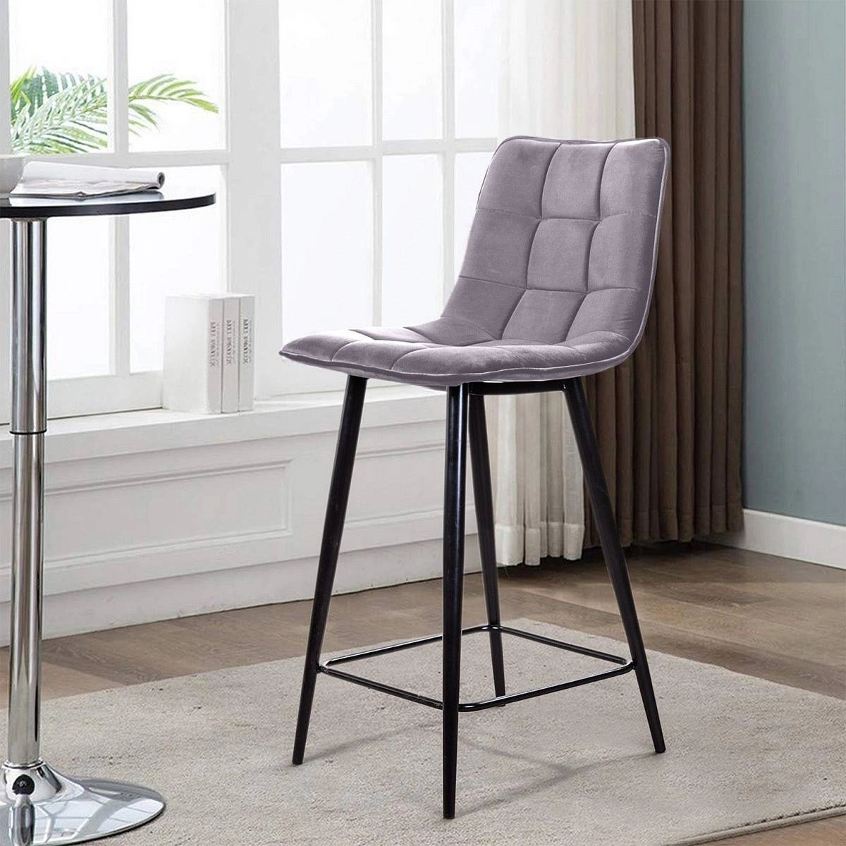 Стул полубарный UNO, бархат светло-серый 26/ чёрный конус изображение Стул полубарный UNO, бархат светло-серый 26/ чёрный конус фото