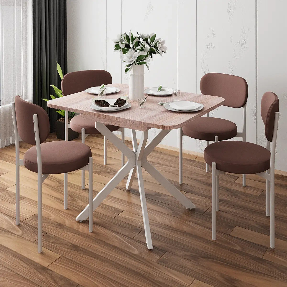 Стол Твист раздвижной (100+30) дуб эндгрейн / опоры белые фото