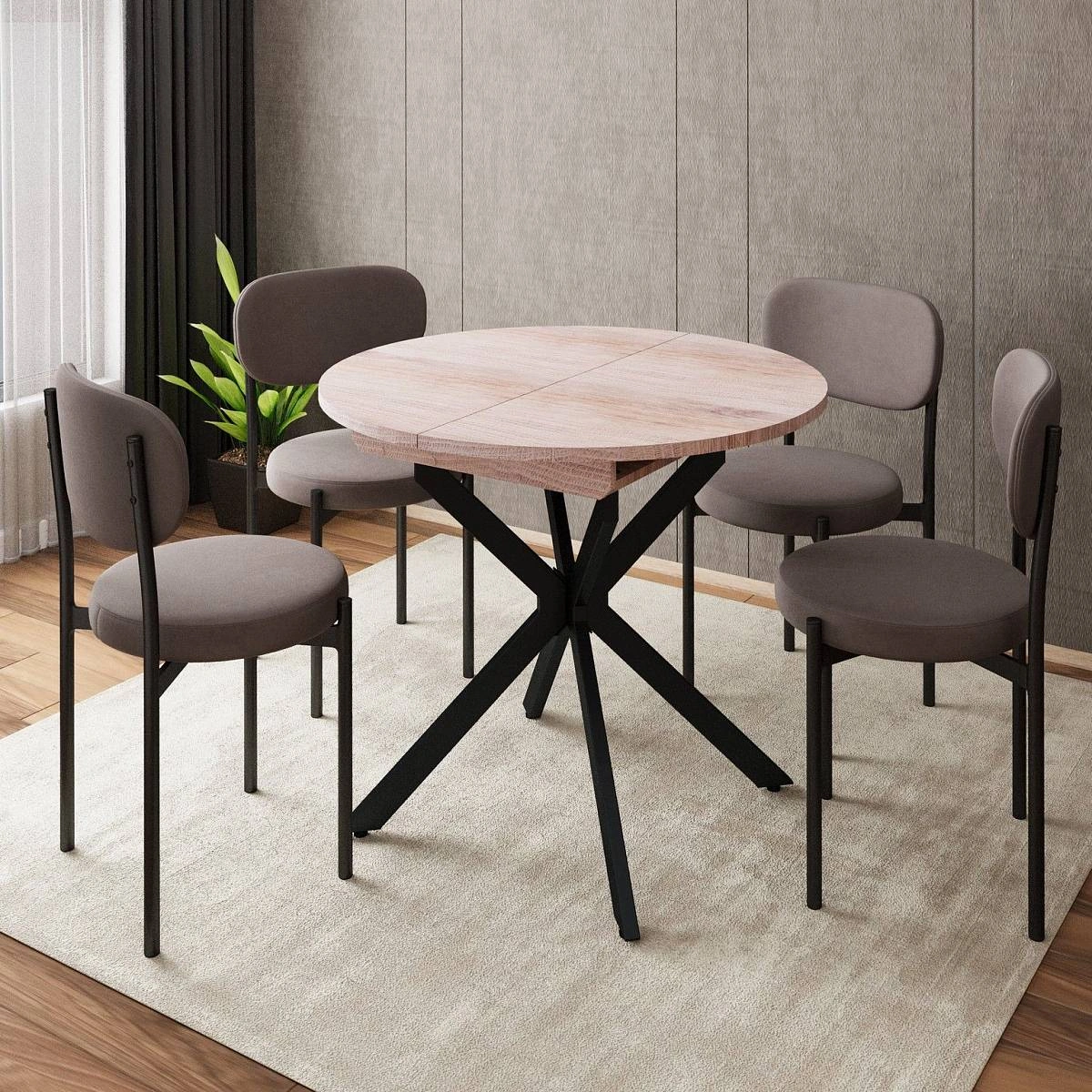 Стол круглый раздвижной Твист (90+30) дуб эндгрейн / опоры черные фото