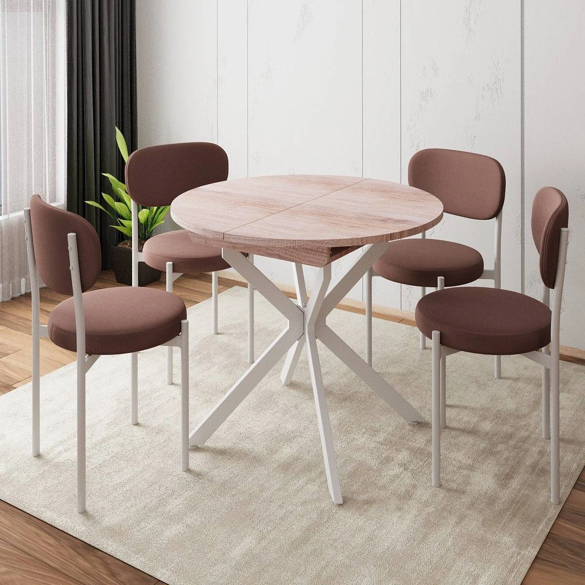 Стол круглый раздвижной Твист (90+30) дуб эндгрейн / опоры белые фото