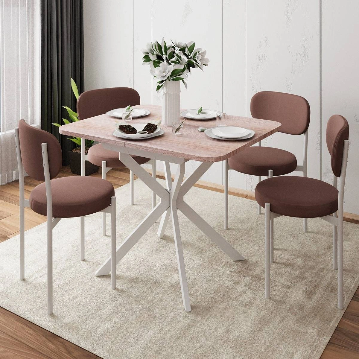 Стол Твист раздвижной (100+30) дуб эндгрейн / опоры белые фото