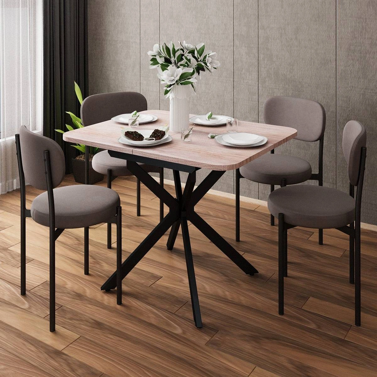 Стол Твист раздвижной (100+30) дуб эндгрейн / опоры черные фото