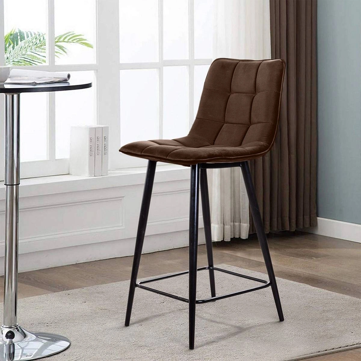 Стул полубарный UNO, бархат коричневый 12/ чёрный конус изображение Стул полубарный UNO, бархат коричневый 12/ чёрный конус фото