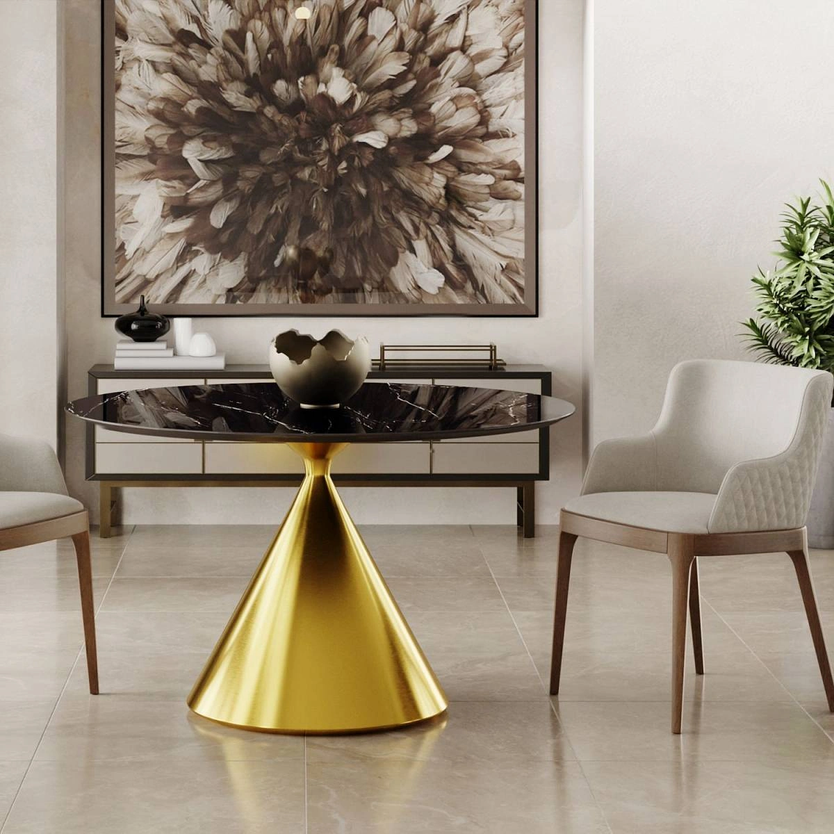 Стол круглый AXIS 120, керамика глянцевая, черная / опора золото изображение Стол круглый AXIS 120, керамика глянцевая, черная / опора золото фото