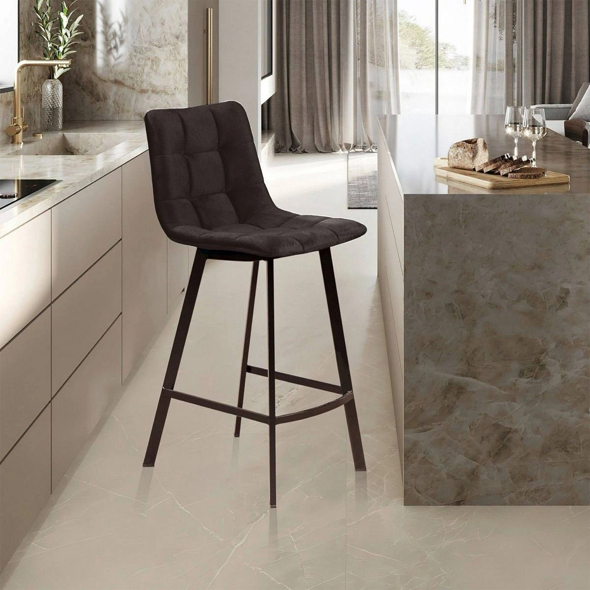 Стул полубарный UNO, бархат антрацит 14 / чёрный профиль изображение Стул полубарный UNO, бархат антрацит 14 / чёрный профиль фото