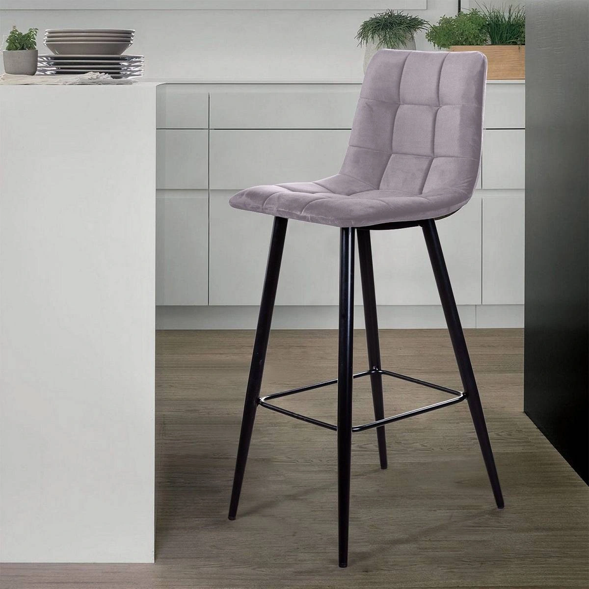 Стул барный UNO, бархат светло-серый 26 / чёрный конус изображение Стул барный UNO, бархат светло-серый 26 / чёрный конус фото