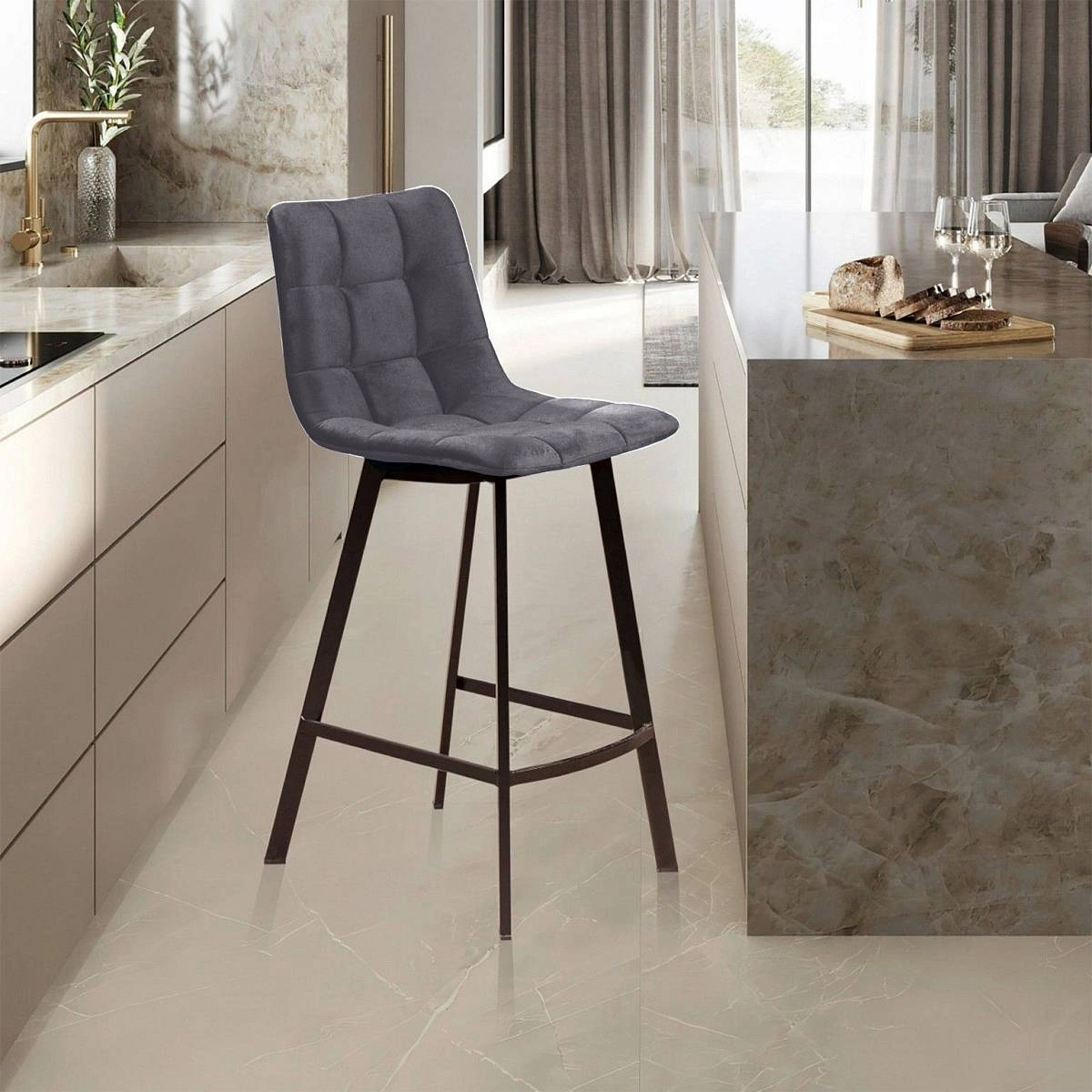 Стул полубарный UNO, бархат серый 27 / чёрный профиль изображение Стул полубарный UNO, бархат серый 27 / чёрный профиль фото