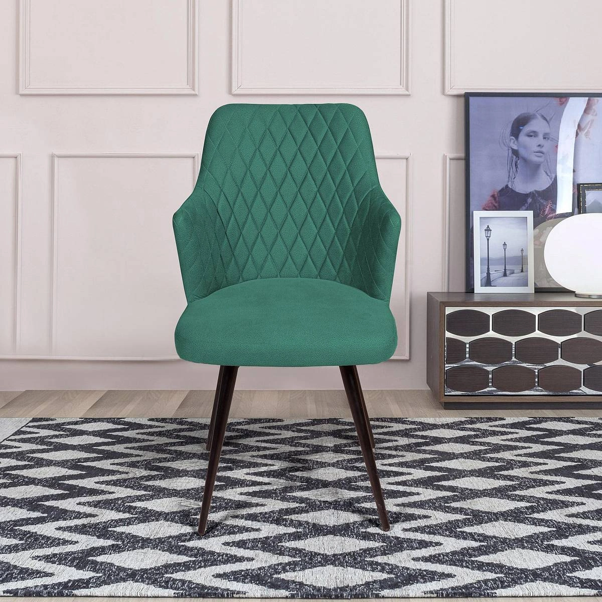 Стул поворотный на 90 градусов, функция возврата, антишум Hunt ромб, бархат зеленый 19 / чёрный конус фото