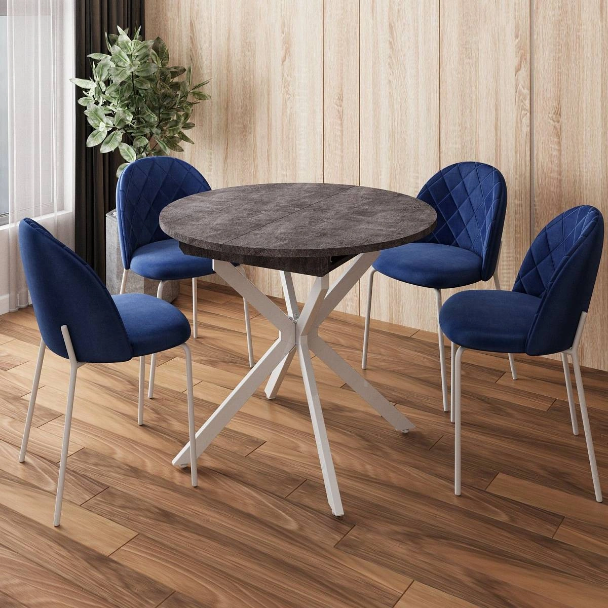 Стол круглый раздвижной Твист (90+30) камень темный / опоры белые фото