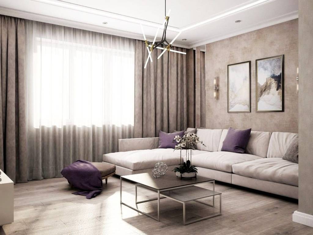 Бежевый угловой диван в гостиной дизайн интерьера в пастельных тонах