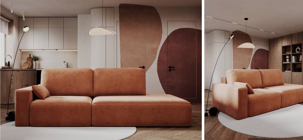 Коричневый диван в интерьере квартиры-студии