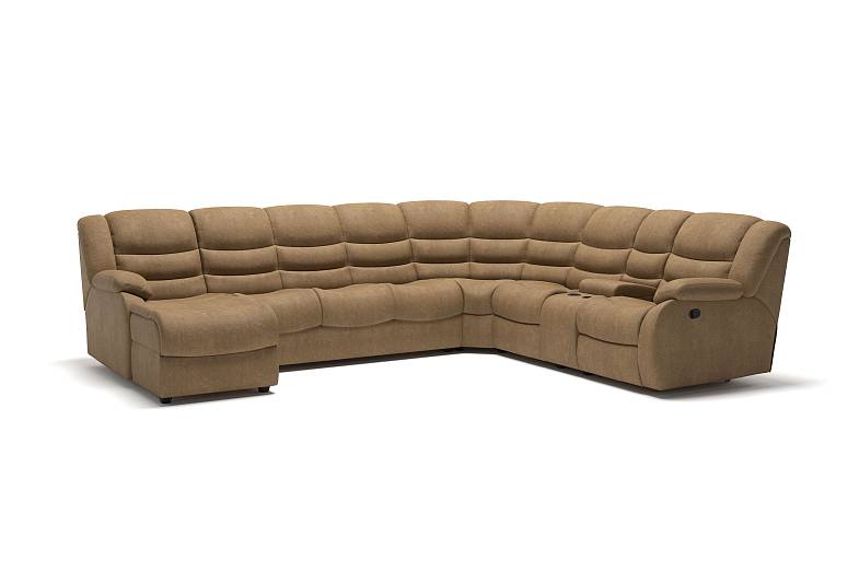 Ridberg диван-кровать угловой с шезлонгом, двумя реклайнерами и баром, замша бежевый