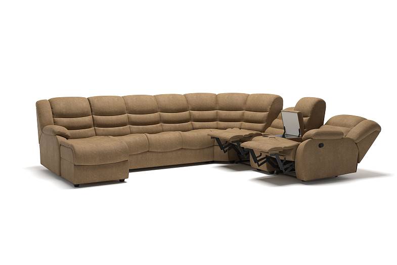 Ridberg диван-кровать угловой с шезлонгом, двумя реклайнерами и баром, замша бежевый