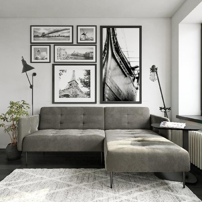 Monaco диван-кровать с шезлонгом, с подлокотниками, бархат серый 27